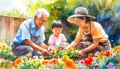 Watercolor cartoon of grandparents gardening with family, cheerful outdoor lifestyle.