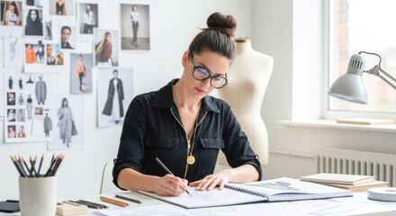 A woman in a black dress working at a desk with a mannequin and fashion sketches.