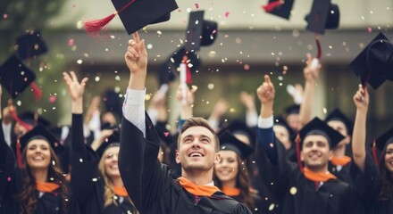 A group of graduates celebrating their graduation day. The graduates are wearing black graduation gowns and caps, and they are throwing their caps into the air.