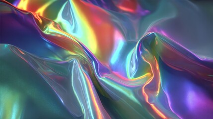 Naklejka premium Iridescent, flowing fabric with rainbow highlights and soft curves. Use for futuristic, dreamlike, or magical backgrounds and presentations.