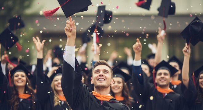 A group of graduates celebrating their graduation day. The graduates are wearing black graduation gowns and caps, and they are throwing their caps into the air.