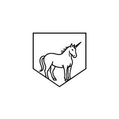 Obraz premium Vector art of a simple black and white line art illustration of a unicorn standing inside a shield shape