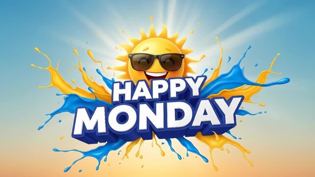 Cheerful sun with sunglasses celebrates happy monday with vibrant splash animation