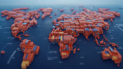 Detailed 3D representation of world map made of colorful shipping containers, symbolizing global trade and logistics. 