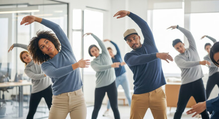 A diverse group of people in a modern office setting, engaging in a stretching exercise.