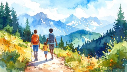 Obraz premium Watercolor cartoon of family hiking outdoors with teenage child, healthy lifestyle.