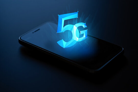 Glowing blue 5g symbol emanating from a modern smartphone screen on a dark background