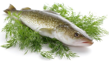 Fresh Cod and Dill on a White Background for Culinary Use