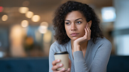 An anxious woman sitting in a waiting room holding a phone with tense expression coffee cup on her lap soft neutral lighting reflecting nervous anticipation atmosphere