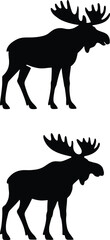 standing moose with large antlers clearly defined. The moose is shown in a side profile with strong legs and a distinct body shape, designed in minimal flat style with solid black fill,