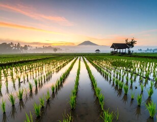 Sunrise over a misty rice paddy