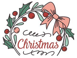 Festive Christmas Wreath Border Design for Holiday Projects , A charming, hand-drawn Christmas wreath graphic, perfect for invitations, cards, or social media posts.