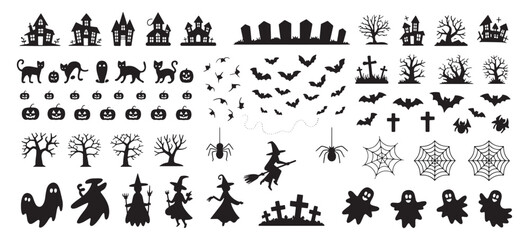 Collection of halloween silhouettes including spooky trees ghosts bats and witches for themed designs white background