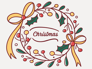 Festive Christmas Wreath Border Design for Holiday Projects , A charming, hand-drawn Christmas wreath graphic, perfect for invitations, cards, or social media posts.