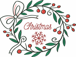 Festive Christmas Wreath Border Design for Holiday Projects , A charming, hand-drawn Christmas wreath graphic, perfect for invitations, cards, or social media posts.