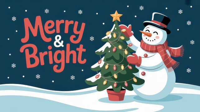 Joyful snowman and decorated christmas tree with merry and bright greeting
