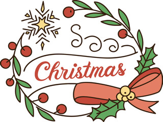 Festive Christmas Wreath Border Design for Holiday Projects , A charming, hand-drawn Christmas wreath graphic, perfect for invitations, cards, or social media posts.
