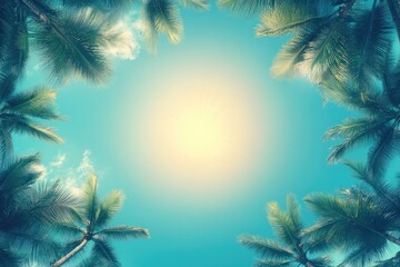 Tropical palm trees frame a bright sky
