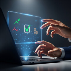 Boosting Financial Success A Person's Hands Interacting with a Laptop Displaying Growth and Approval for Financial Gains