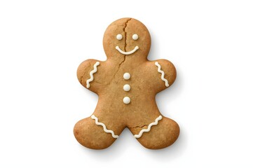 Smiling gingerbread man cookie isolated on white background, holiday baking