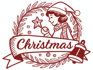 Festive Christmas Wreath Border Design for Holiday Projects , A charming, hand-drawn Christmas wreath graphic, perfect for invitations, cards, or social media posts.