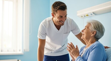 Fototapeta premium A young man and an elderly woman in a hospital room, engaged in conversation.