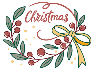 Festive Christmas Wreath Border Design for Holiday Projects , A charming, hand-drawn Christmas wreath graphic, perfect for invitations, cards, or social media posts.