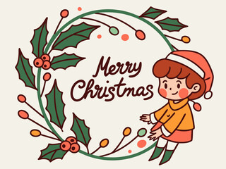 Festive Christmas Wreath Border Design for Holiday Projects , A charming, hand-drawn Christmas wreath graphic, perfect for invitations, cards, or social media posts.