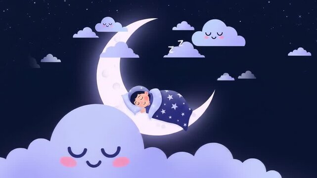 Dreamy night sky animation celebrating world sleep day with moon and clouds