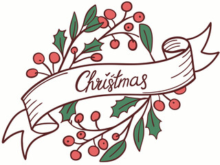Festive Christmas Wreath Border Design for Holiday Projects , A charming, hand-drawn Christmas wreath graphic, perfect for invitations, cards, or social media posts.