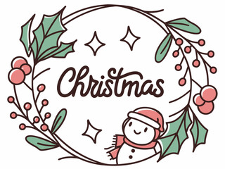 Festive Christmas Wreath Border Design for Holiday Projects , A charming, hand-drawn Christmas wreath graphic, perfect for invitations, cards, or social media posts.