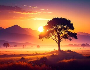 Sunrise over a misty savanna with a lone tree
