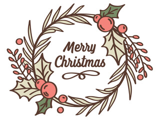Festive Christmas Wreath Border Design for Holiday Projects , A charming, hand-drawn Christmas wreath graphic, perfect for invitations, cards, or social media posts.