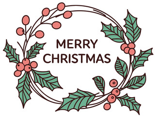Festive Christmas Wreath Border Design for Holiday Projects , A charming, hand-drawn Christmas wreath graphic, perfect for invitations, cards, or social media posts.