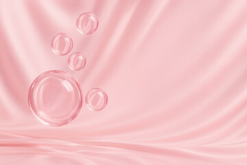 ピンクのシルク風背景に浮かぶ透明な美容バブル、上品でやわらかな印象のスキンケア・美容広告用イメージ / Elegant beauty bubbles floating on a silky pink background, soft and luxurious image ideal for skincare and cosmetic advertising