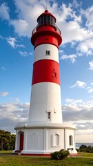 A striking lighthouse, painted in alternating bands of vibrant red and crisp white, stands tall against a backdrop of a partly cloudy sky.