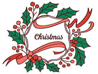 Festive Christmas Wreath Border Design for Holiday Projects , A charming, hand-drawn Christmas wreath graphic, perfect for invitations, cards, or social media posts.