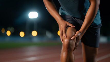 Fototapeta premium A runner on the track holding their knee with a pained expression athletic gear soaked in sweat dramatic low angle emphasizing strain and vulnerability bright stadium light high