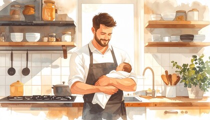 Watercolor cartoon of father multitasking in kitchen with baby, cozy daily life.