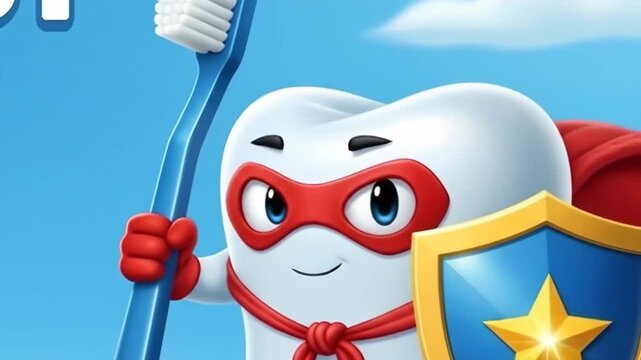 Tooth hero celebrates dentist day with brush and shield in cartoon adventure