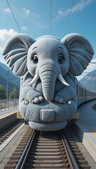 Cute cartoon elephant shaped train on railway station, surreal fantasy transportation illustration