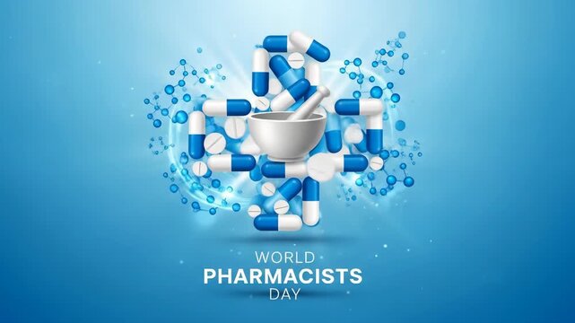Dynamic celebration of world pharmacists day with spinning pill capsules and mortar on blue background