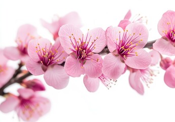 Close-up of delicate pink blossoms on a branch against a white background (1)