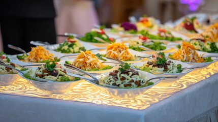Gourmet wedding buffet table with decorative plates and beautifully arranged centerpiece dish, ideal for wedding planning or upscale event promotions.