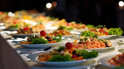 Gourmet wedding buffet table with decorative plates and beautifully arranged centerpiece dish, ideal for wedding planning or upscale event promotions.