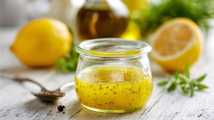 Small glass jar of golden-yellow lemon vinaigrette on a white surface, with blurred lemon, olive oil, and fresh herbs in the background, symbolizing freshness, simplicity, and healthy homemade.