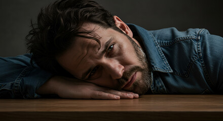Obraz premium Man resting head on table, stressed but resilient expression, perseverance and mental health concept