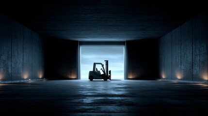 Forklift in Dark Warehouse with Open Door and Ambient Light