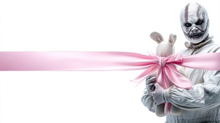 A masked figure in a white outfit holds a plush bunny wrapped in a pink ribbon, combining a playful element with a sinister appearance, Halloween clipart isolated on white background