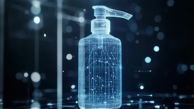 Futuristic wireframe dispenser bottle glowing on dark background